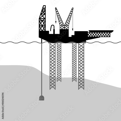 Offshore oil jackup rig silhouette with movable legs for sea drilling graphic illustration