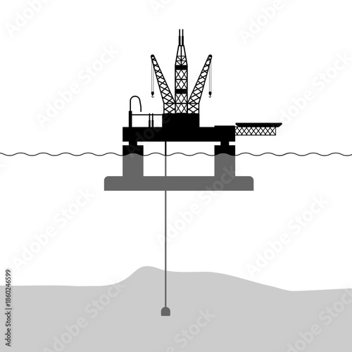 Offshore oil submersible rig silhouette for ocean floor drilling graphic illustration