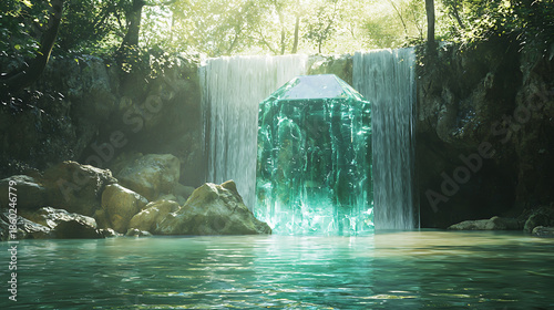 Mystical Crystal Waterfall in Lush Forest.