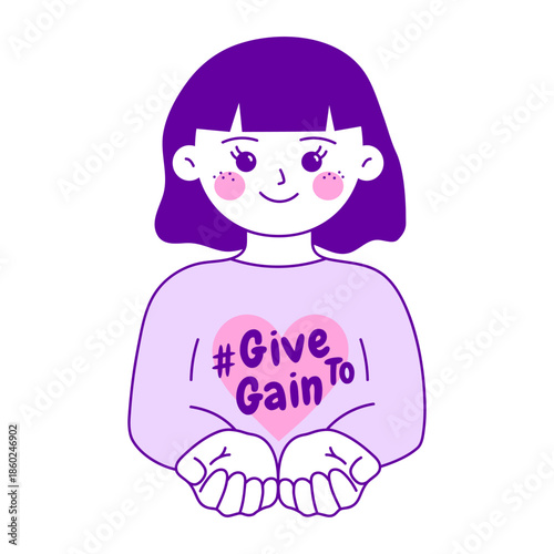 Cute girl character. International Women's Day sticker. March 8 2026 #Give to gain campaign. Vector illustration