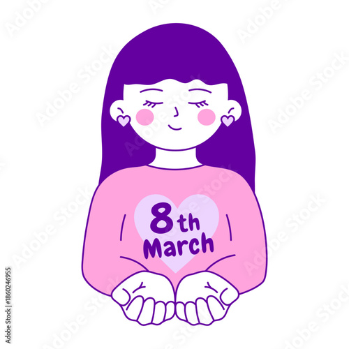 Cute girl character. International Women's Day sticker. Vector illustration