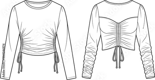 Women ruched crop top front and back view technical fashion garment outline for modern apparel production, cad drawing flat vector illustration