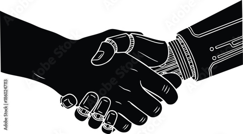 Human and robot handshake vector illustration. Artificial intelligence and partnership concept.