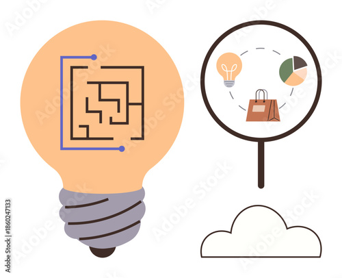 Lightbulb with circuit maze, magnifying glass showing pie chart, shopping bag, and lightbulb. Ideal for innovation, analysis, strategy, creativity, business growth problem-solving and technology