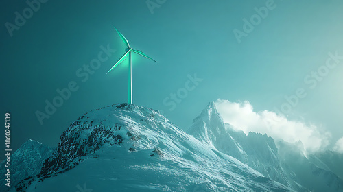 Wind Turbine on Snowy Mountain Peak Under Moody Sky.