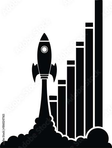 Startup growth vector illustration. Rocket launching next to a rising bar chart. Business success and financial launch concept.