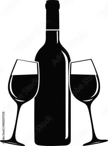 Wine tasting vector illustration. Black silhouettes of bottles and glasses isolated on white. Celebration concept.