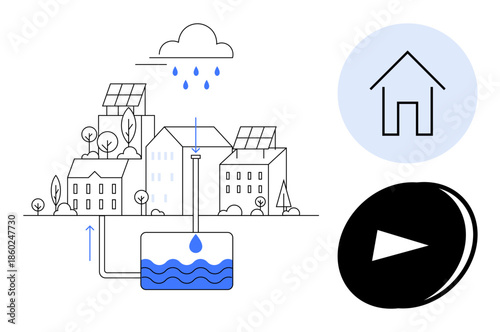 Urban sustainability, water conservation, renewable energy, eco-friendly living, resource management, sustainable technology. Illustration of rainwater harvesting and solar-powered homes. Water