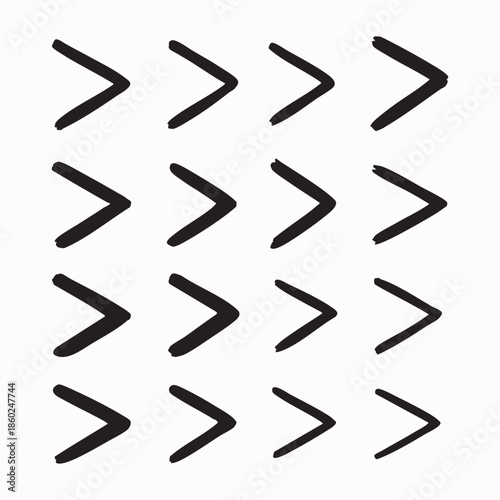 Hand drawn greater than signs and chevron arrows vector set minimalist black ink sketch icons on white background.