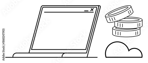 Online banking, fintech, cloud storage, digital economy, mobile payments, transactions. Minimal laptop with stack of coins and cloud symbol. Online banking and fintech concept