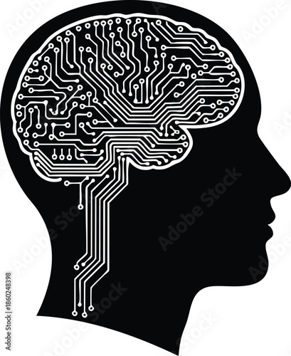 Artificial intelligence illustration. Human head silhouette with a circuit board brain. Future technology and consciousness concept.
