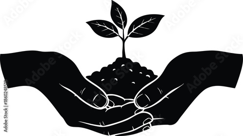 New life icon with hands holding a sprout in soil. Black and white vector illustration. Growth, care, and ecology concept.