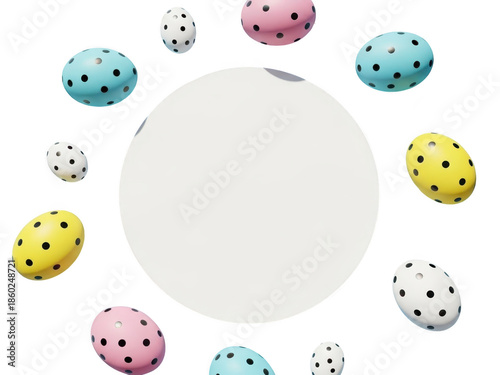 Colorful polka dot easter eggs around a white circle isolated on transparent background