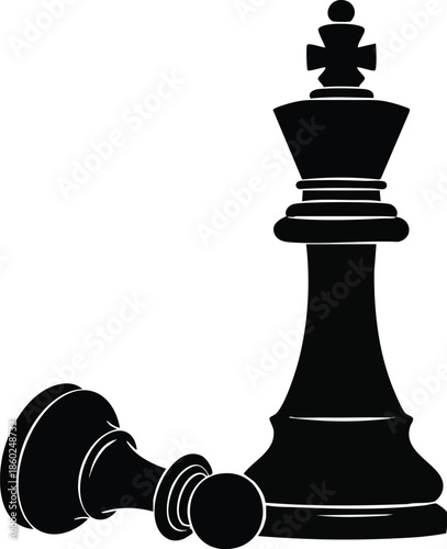 Chess piece silhouettes. Standing king with a fallen pawn. Victory, strategy, and competition concept.