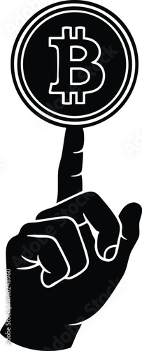 Cryptocurrency icon. Hand spinning a digital currency coin. Blockchain technology and financial investment concept.
