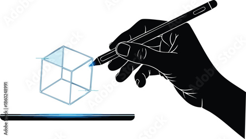 3D modeling illustration. Designer's hand with stylus creating a holographic cube. Augmented reality and innovation concept.