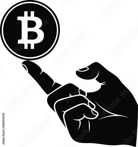 Cryptocurrency icon. Hand pointing at a digital coin symbol. Digital finance and blockchain technology concept.