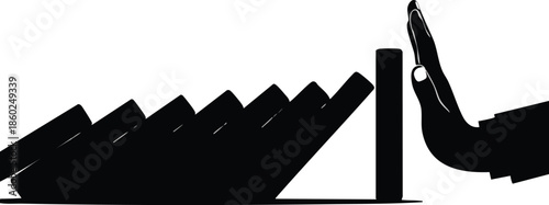 Hand stopping a falling domino row. Vector illustration of intervention and stopping a chain reaction. Prevention and solution concept.