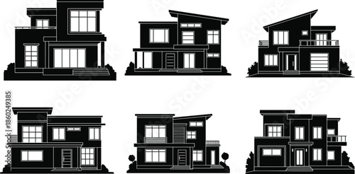 Modern house icons, architectural silhouette set, black outline homes, contemporary symbol, design branding, flat roof concept, urban badge, multi-story styles