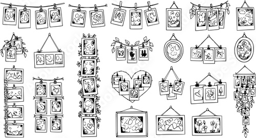 Black and White Line Art of Hanging Photo Frames, Collage of Pictures, Vector Illustration for Memories and Display