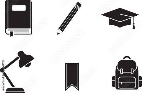 Collection of essential school and education supply icons in sleek black silhouettes