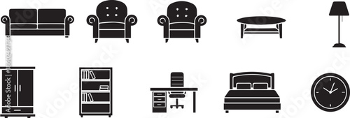 Black silhouette icon collection of diverse home and office furniture and household items