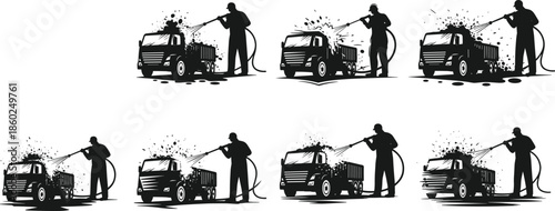 Pressure washing icons, truck cleaning silhouettes, black outline worker, vehicle maintenance symbol, outdoor branding, grime removal concept, transformation badge, hose set