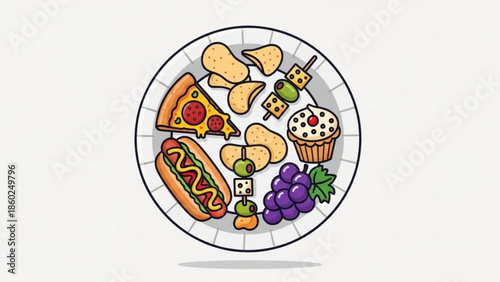 Colorful plate of assorted junk food and healthy snack options including hot dog, pizza slice, chips, cupcakes, fruit kebabs and grapes on white background