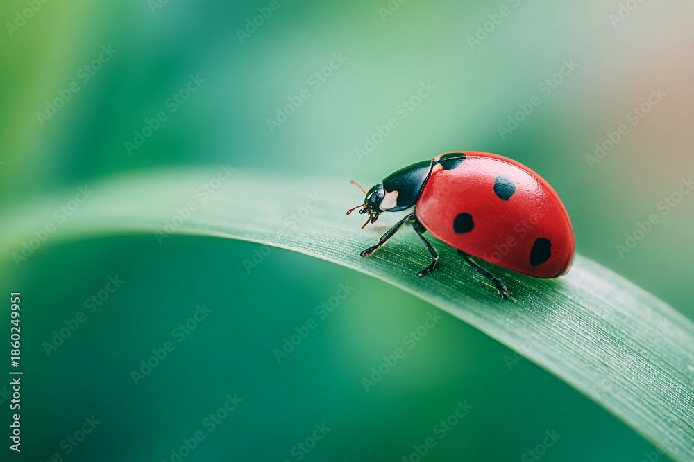 Fototapeta premium Ladybug resting on a green leaf under soft sunlight with realistic shadows