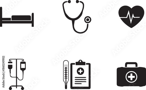 Collection of medical and healthcare icons including stethoscope, syringe, and first aid kit