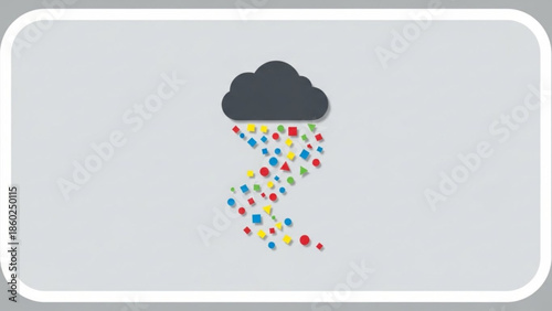 Colorful rain shower with multicolored geometric shapes falling from dark cloud