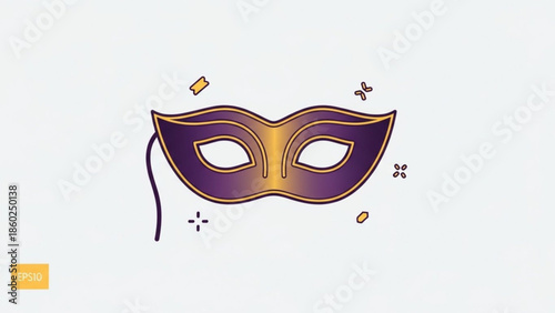 Vibrant purple and gold masquerade mask with confetti on white background for party, celebration, and mystery
