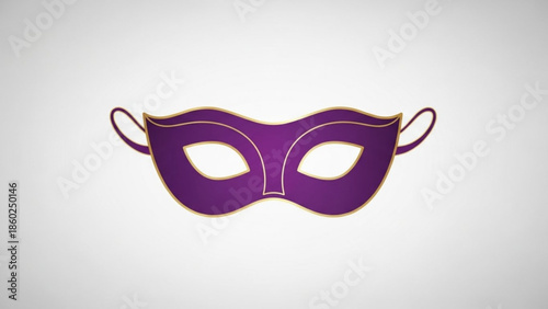 Vibrant purple masquerade ball mask with gold trim on white background, elegant and mysterious carnival accessory
