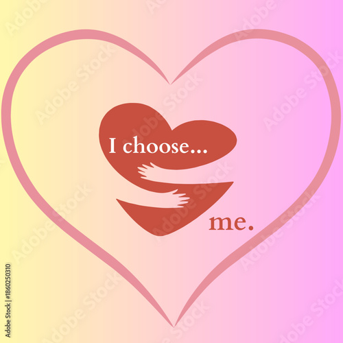 Mental Health and Self-Care Concept: Beautiful Woman Hugging Herself with Hearts and Positive Affirmations for Self-Love and Wellbeing