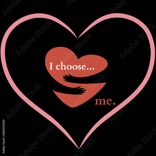 Mental Health and Self-Care Concept: Beautiful Woman Hugging Herself with Hearts and Positive Affirmations for Self-Love and Wellbeing