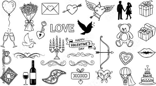 Valentine's Day Black and White Line Art Vector Collection: Hearts, Gifts, Couple, Love, Balloons