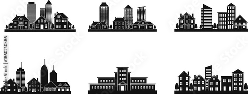 Urban and suburban icons, cityscape silhouette set, black outline buildings, spire symbol, curved facade branding, mixed-use concept, planning badge