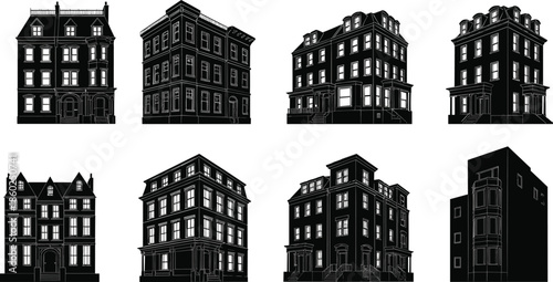Urban building icons, multi-story silhouette set, black outline structures, dormer symbol, column branding, cornice concept, facade badge, vintage styles