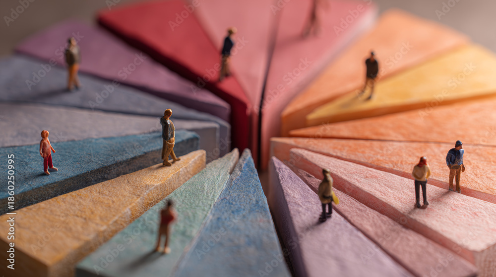 custom made wallpaper toronto digitalColorful pie chart with each slice featuring textured, vibrant hues and miniature human figures standing on the edges, representing diverse data segments visually