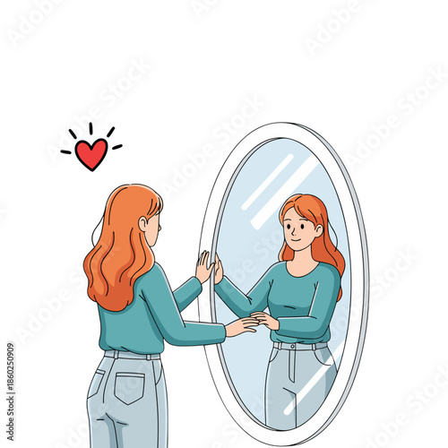 Mental Health and Self-Care Concept: Beautiful Woman Hugging Herself with Hearts and Positive Affirmations for Self-Love and Wellbeing