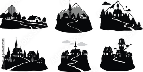 Village icons, rural landscape silhouettes, black outline scenes, church symbol, mountain branding, winding road concept, observatory badge, scenic design