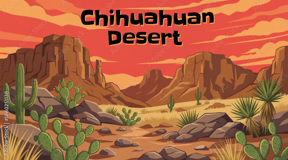Fototapeta premium Chihuahuan Desert features rocky ground, desert grasslands, rugged hills, and wide open spaces, representing one of the largest and most ecologically diverse deserts in North America