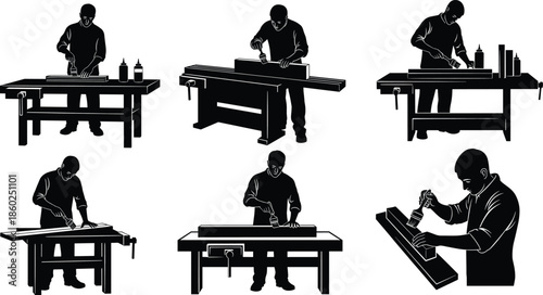 Woodworking icons, hand tool action scenes, black outline silhouettes, carpentry symbol, craftsmanship branding, workshop concept, DIY badge, artisan set