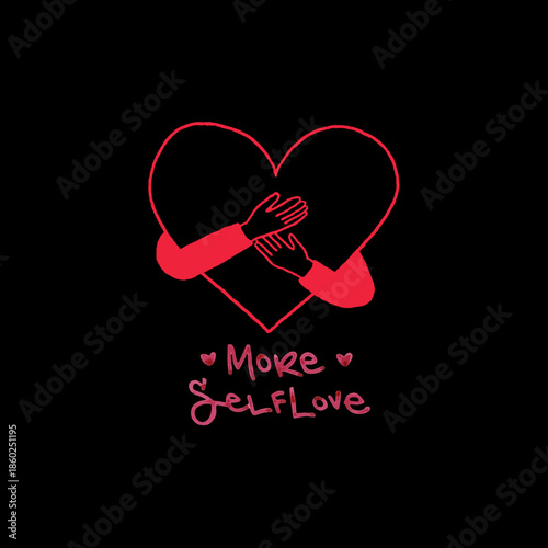 Mental Health and Self-Care Concept: Beautiful Woman Hugging Herself with Hearts and Positive Affirmations for Self-Love and Wellbeing