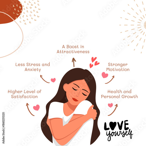 Mental Health and Self-Care Concept: Beautiful Woman Hugging Herself with Hearts and Positive Affirmations for Self-Love and Wellbeing