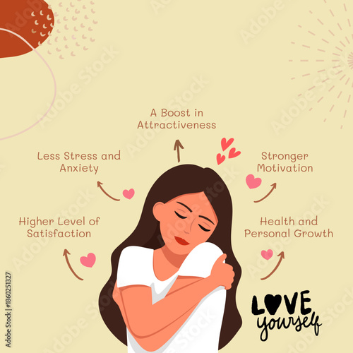 Mental Health and Self-Care Concept: Beautiful Woman Hugging Herself with Hearts and Positive Affirmations for Self-Love and Wellbeing