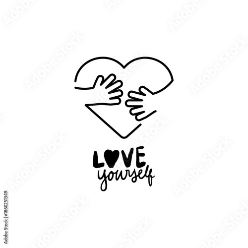 Mental Health and Self-Care Concept: Beautiful Woman Hugging Herself with Hearts and Positive Affirmations for Self-Love and Wellbeing