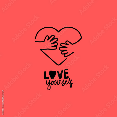 Mental Health and Self-Care Concept: Beautiful Woman Hugging Herself with Hearts and Positive Affirmations for Self-Love and Wellbeing