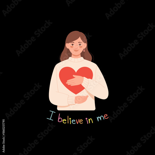 Mental Health and Self-Care Concept: Beautiful Woman Hugging Herself with Hearts and Positive Affirmations for Self-Love and Wellbeing