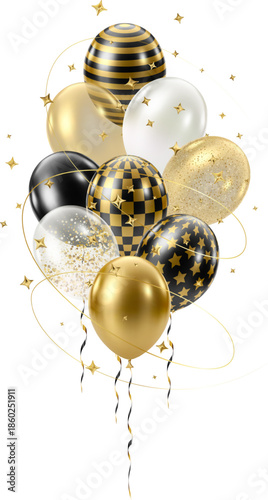 3D realistic bunch of gold black balloons. Huge bouquet of luxury glossy helium balloons. Christmas, birthday card decoration. Celebration design element. Vector illustration EPS10.